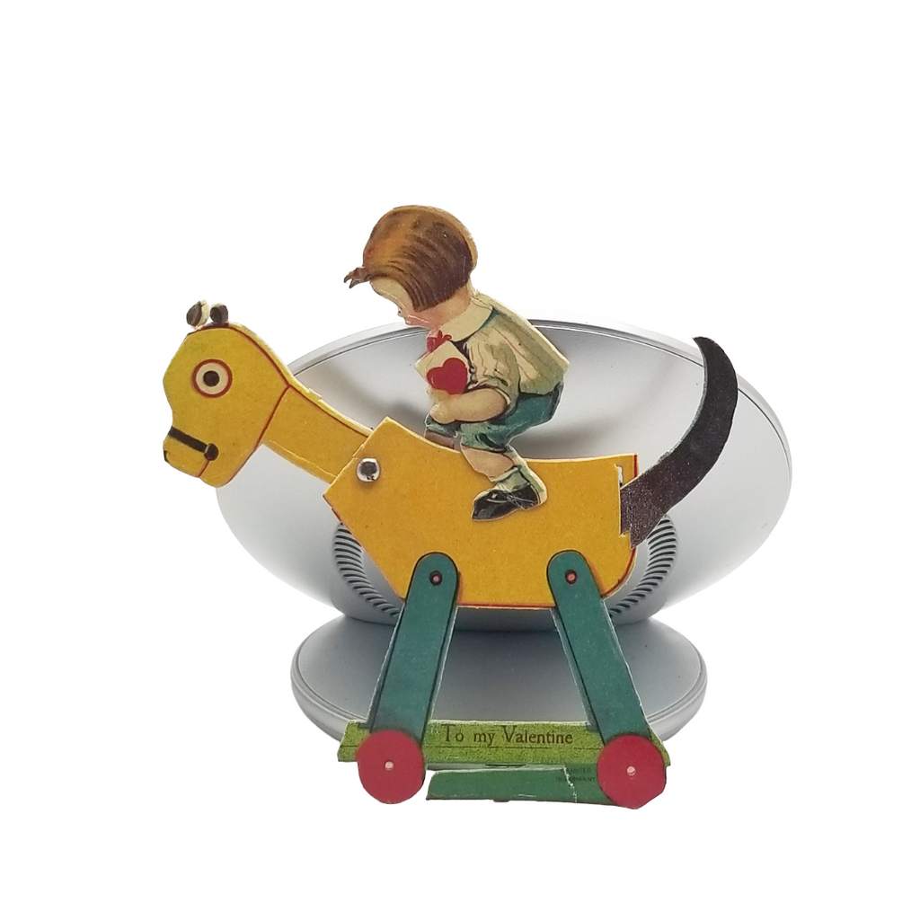 Die Cut Valentine Card Mechanical Child Playing on Rocking Horse Germany