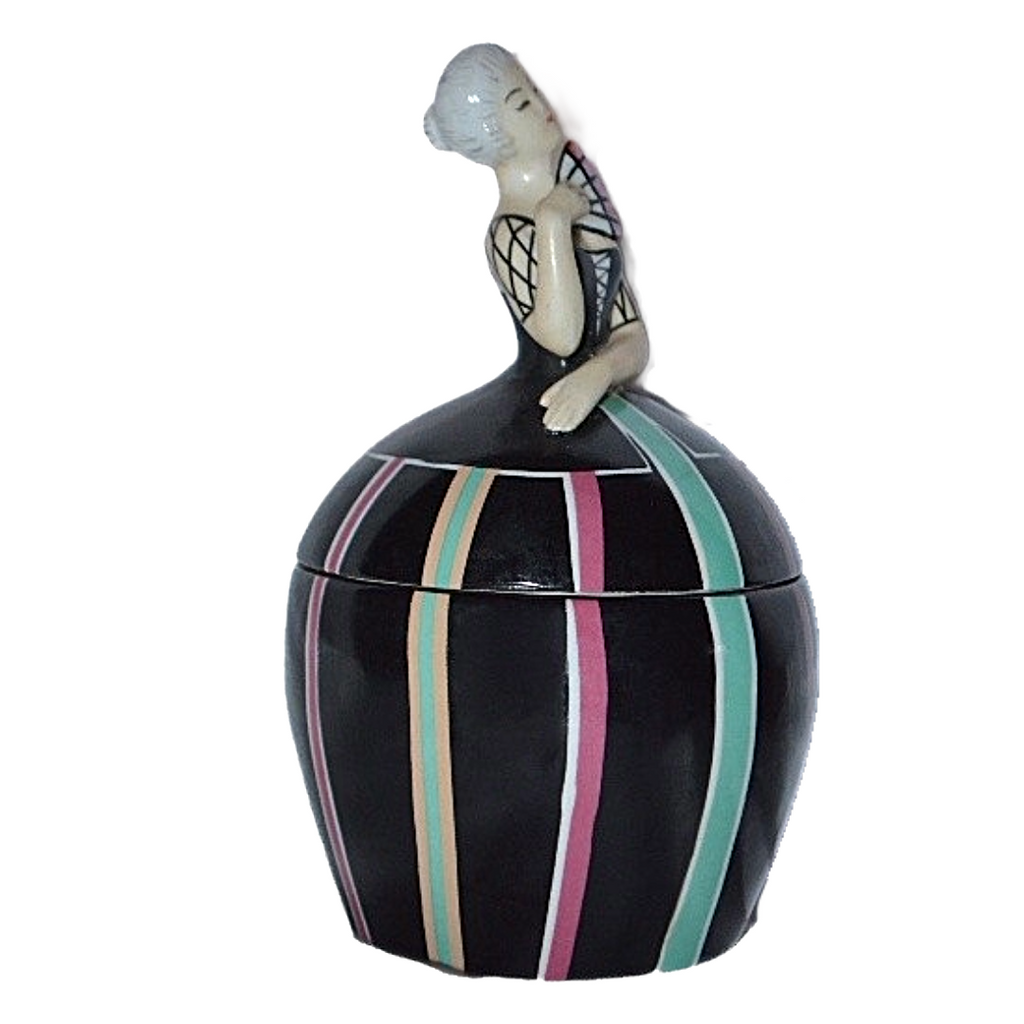 Robj French Art Deco Covered Jar Tobacco or Vanity Box Asian Lady w/ Fan