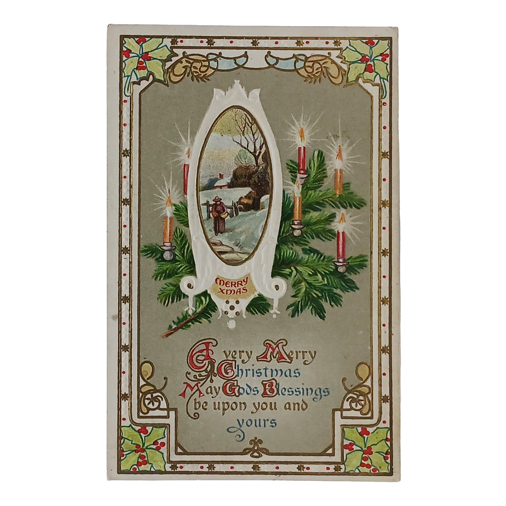 Christmas Postcard Gold Embossed Snowy Landscape Candle Border JJ Marks 587