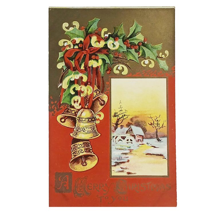 Christmas Postcard Red & Gold Embossed XMAS Bells Holly in Snow Series 546