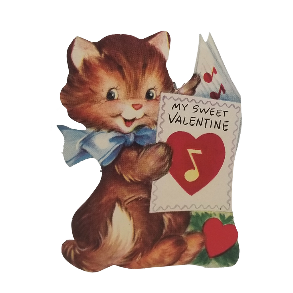 Vintage Valentine Die Cut Card Anthropomorphic Kitten Reading Sheet Music