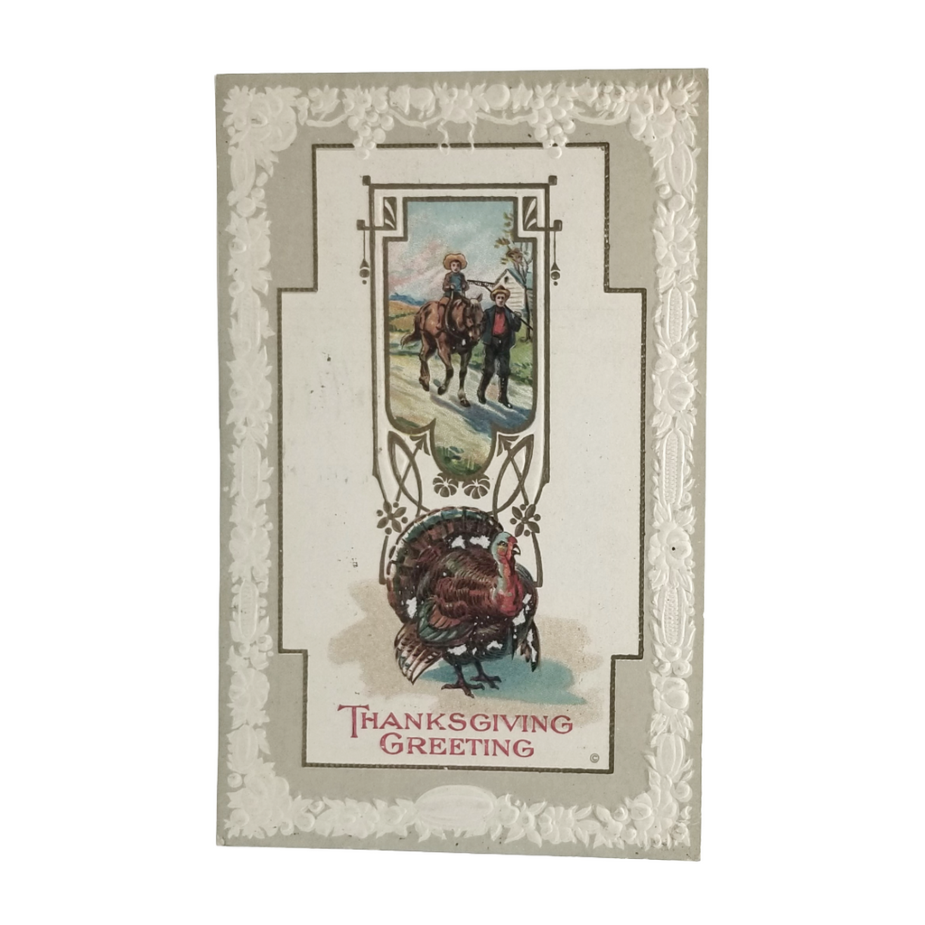 Thanksgiving Postcard Boys with Horse Embossed Turkey Grapes Border