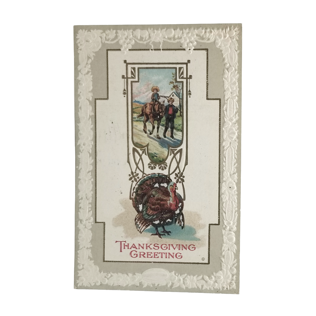 Thanksgiving Postcard Boys with Horse Embossed Turkey Grapes Border