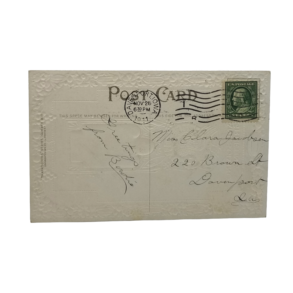 Thanksgiving Postcard Boys with Horse Embossed Turkey Grapes Border