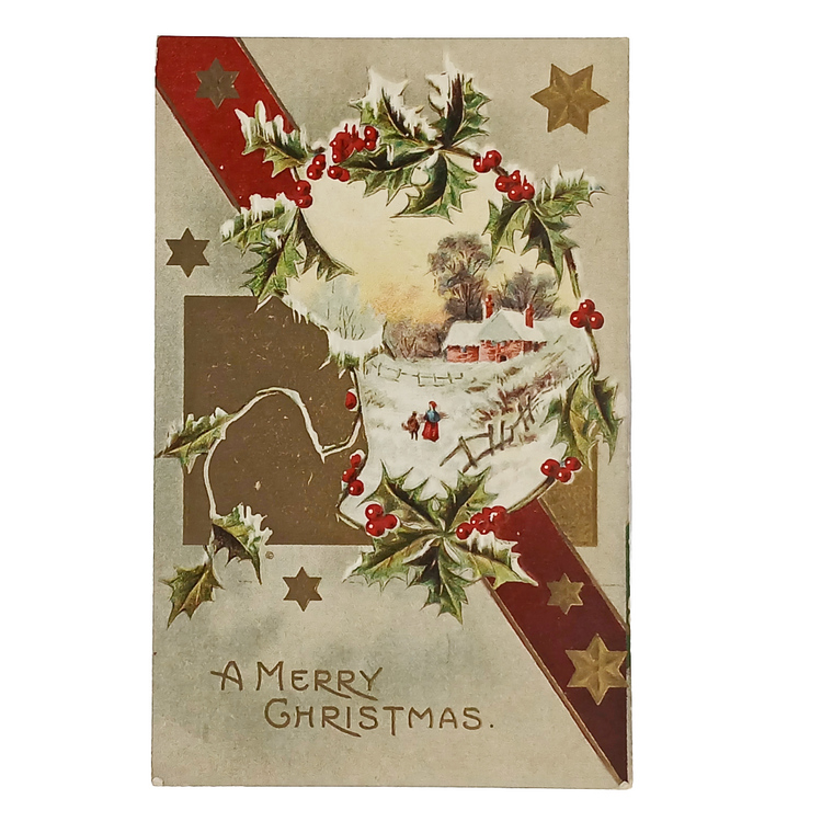 Christmas Postcard Red & Gold Embossed Landscape House in Snow Series 546