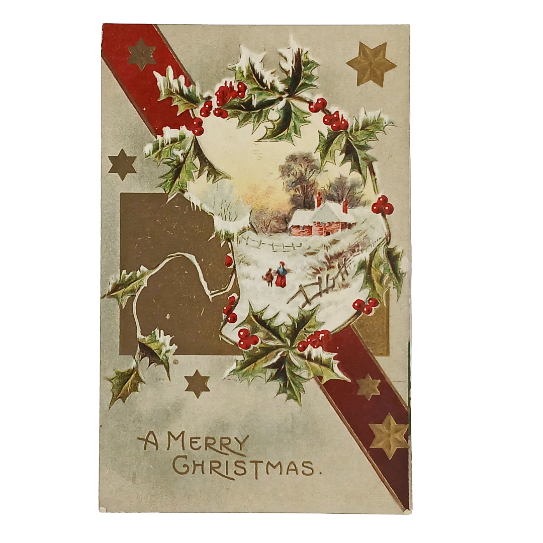 Christmas Postcard Red & Gold Embossed Landscape House in Snow Series 546