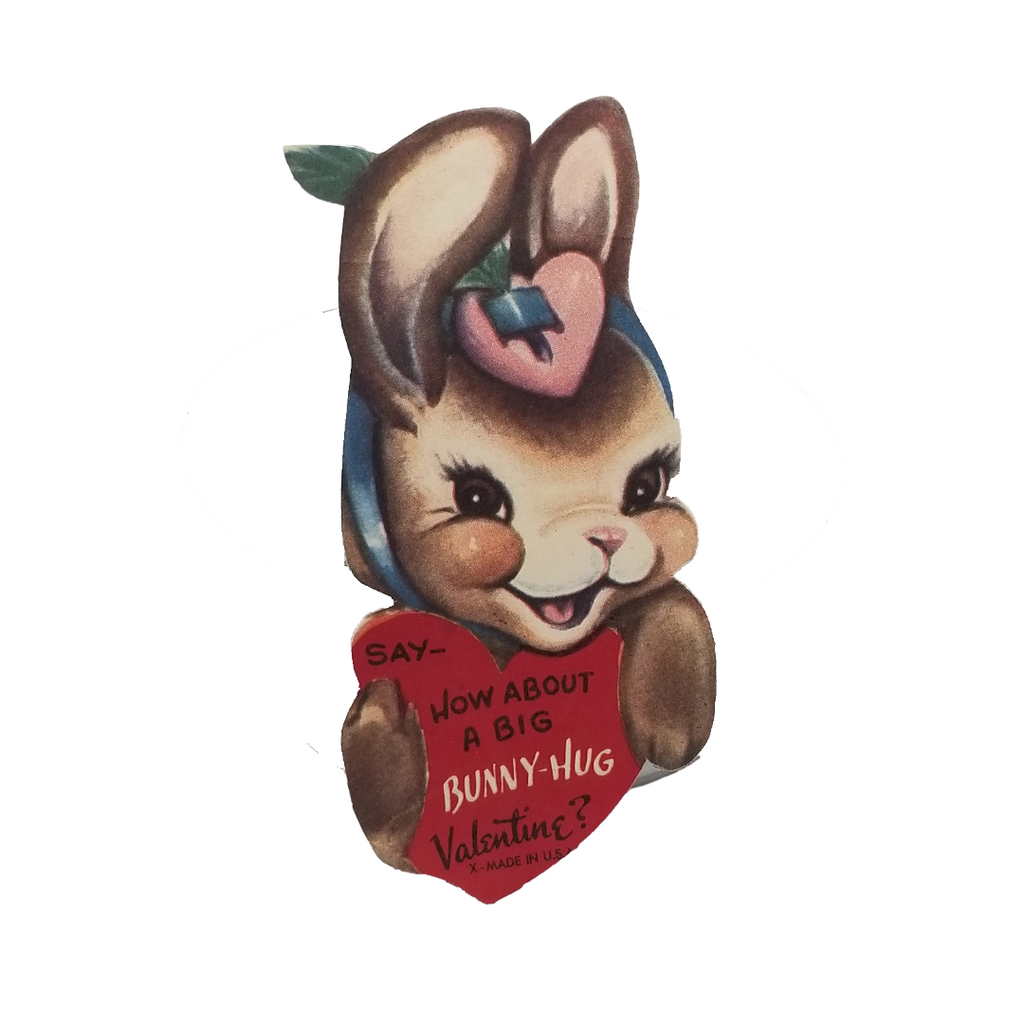 Vintage Valentine Die Cut Card Bunny Rabbit with Heart