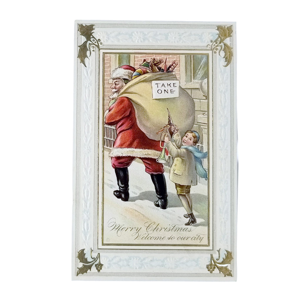 Christmas Postcard Boy Cutting Hole In Santa's Toy Bag Series 567 JJ Marks