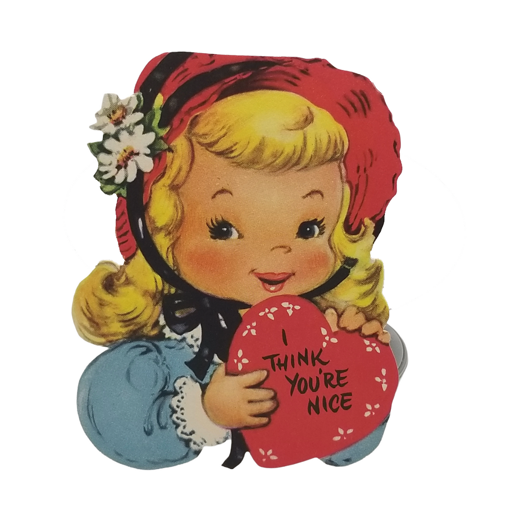 Vintage Valentine Die Cut Card Blonde Girl In Bonnet with Heart