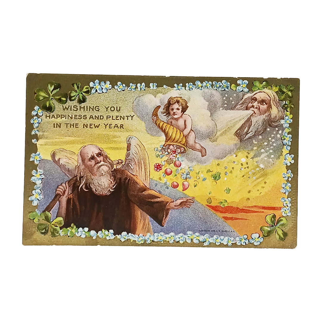 New Year Postcard Father Time with Cupid and Man of North Falling Coins & Gifts