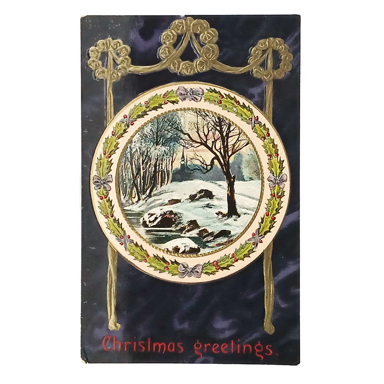 Christmas Postcard Gold Embossed Landscape in Snow Series 1201 Germany