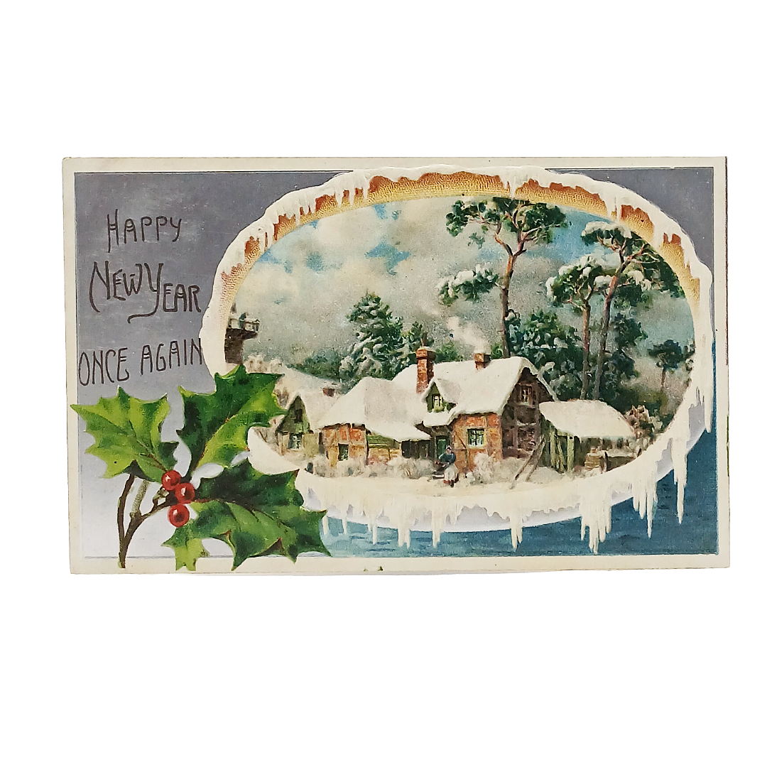 New Year's Postcard Silver Embossed Home in Snow