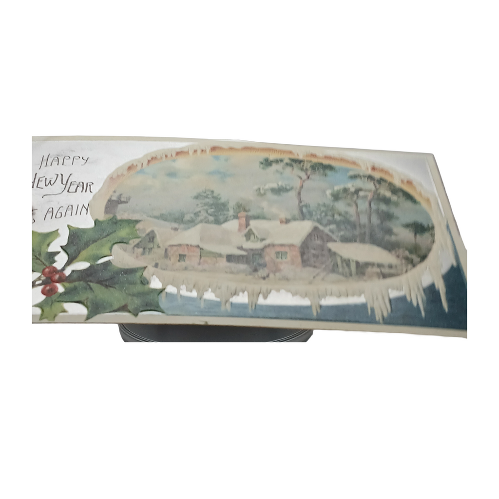 New Year's Postcard Silver Embossed Home in Snow