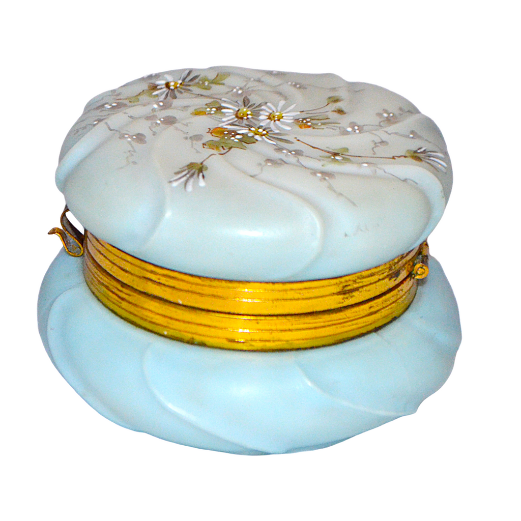 CF Monroe Helmschmeid Swirl Blue Opal Ware Dresser Box with Painted Daisies