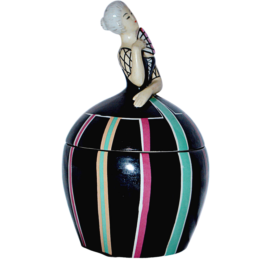 Robj French Art Deco Covered Jar Tobacco or Vanity Box Asian Lady w/ Fan