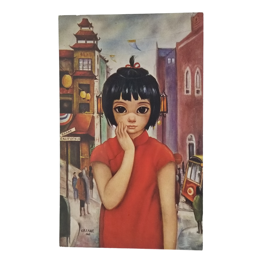Margaret Keane Postcard Big Eyed Young Girl in Red Dress "Grant Avenue" 1960s