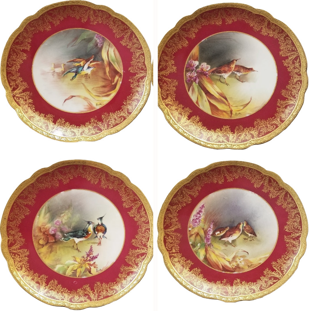 Antique Limoges 9 Piece Game Bird Service, Oval Platter with 8 Plates, Signed