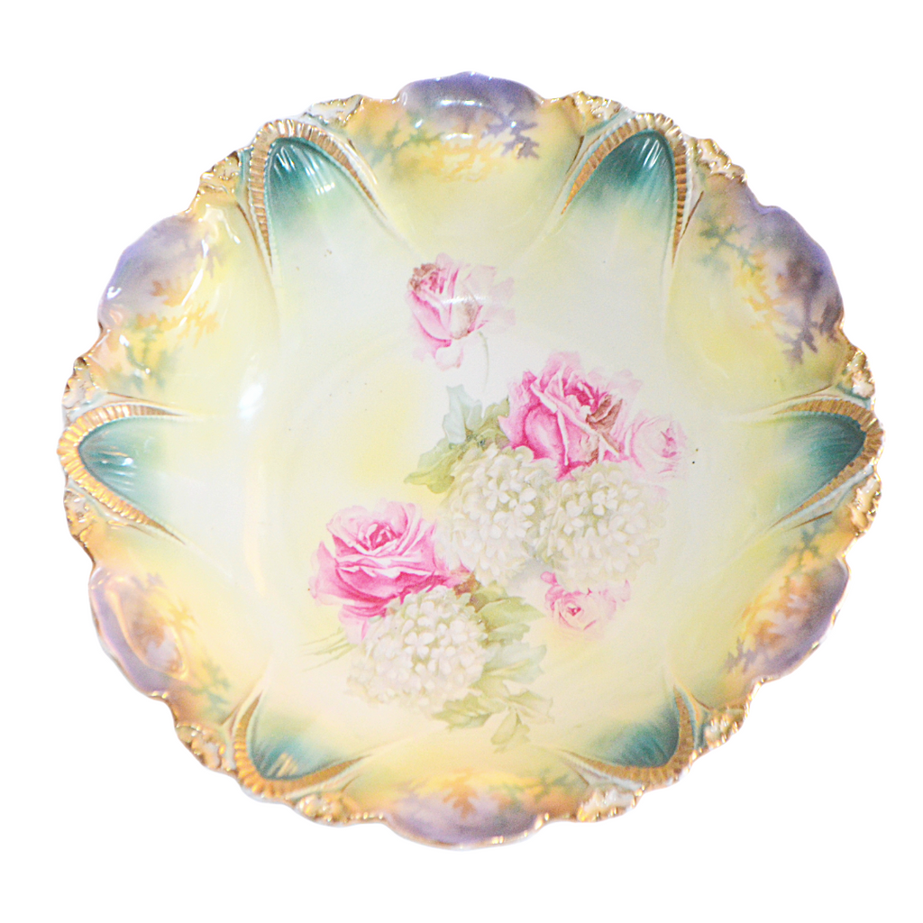 RS Prussia Porcelain Bowl Mold 96 Snowballs & Pink Roses Lilac Purple Flash