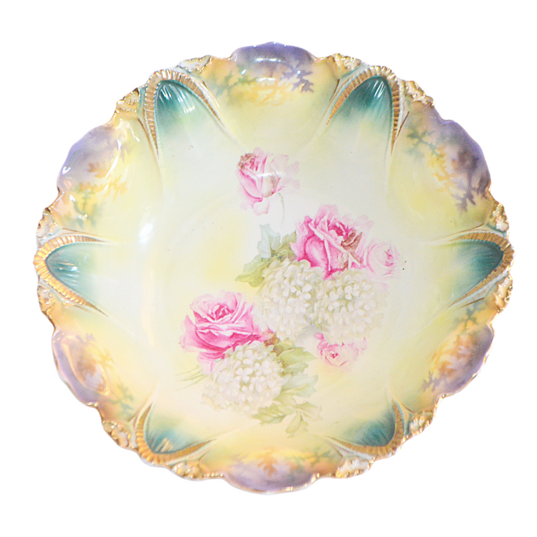 RS Prussia Porcelain Bowl Mold 96 Snowballs & Pink Roses Lilac Purple Flash