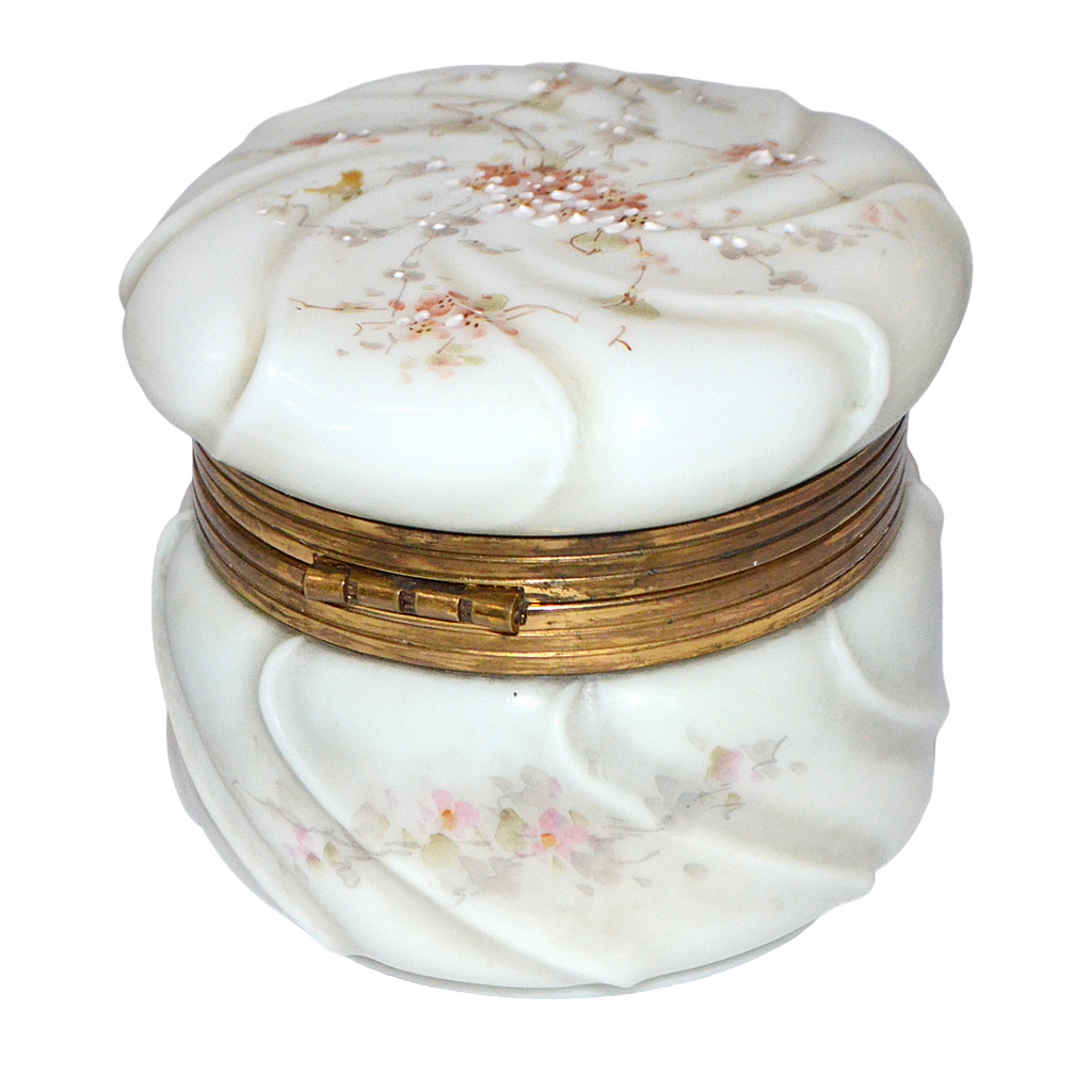 CF Monroe Helmschmeid Swirl Opal Ware Dresser Box with Orange Enamel Painted Flowers