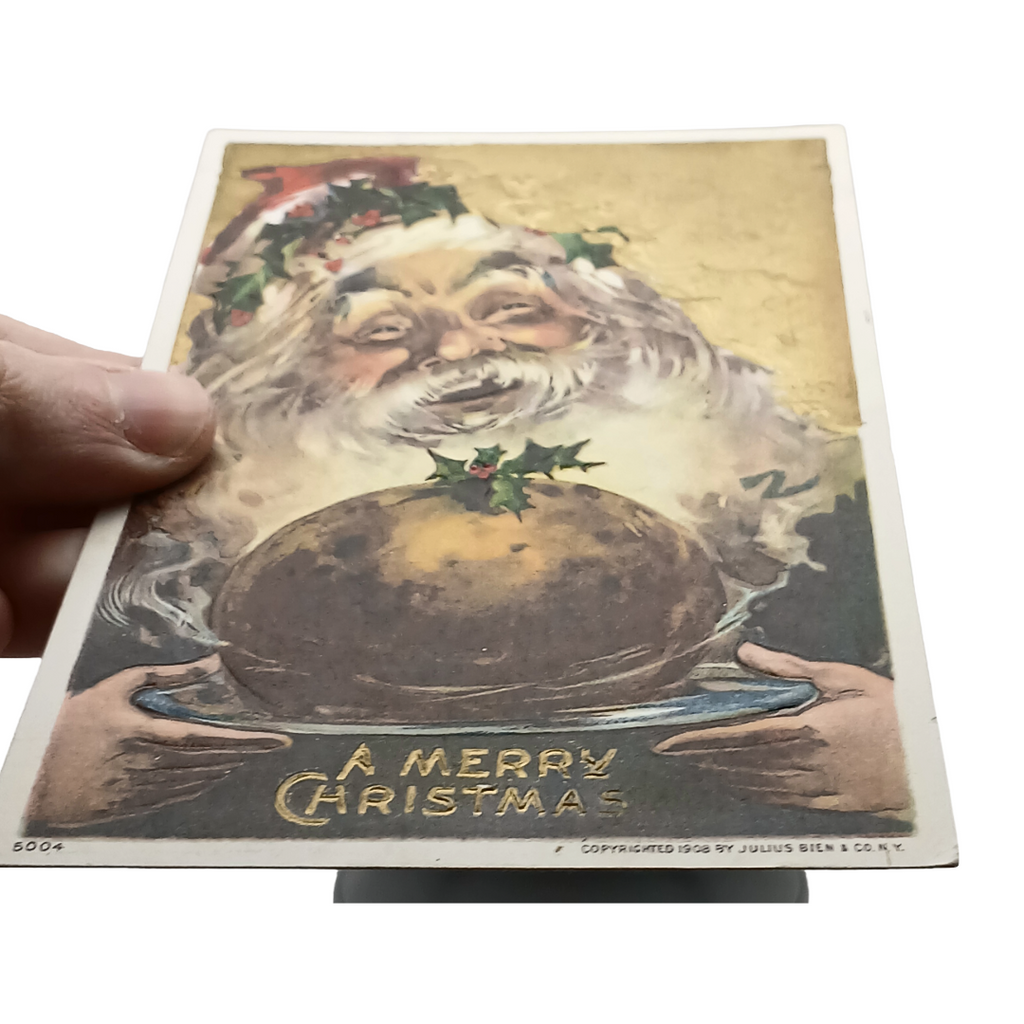 Vintage Christmas Postcard, Jolly Santa Claus, St Nick Holding Pie, Bien Publishing