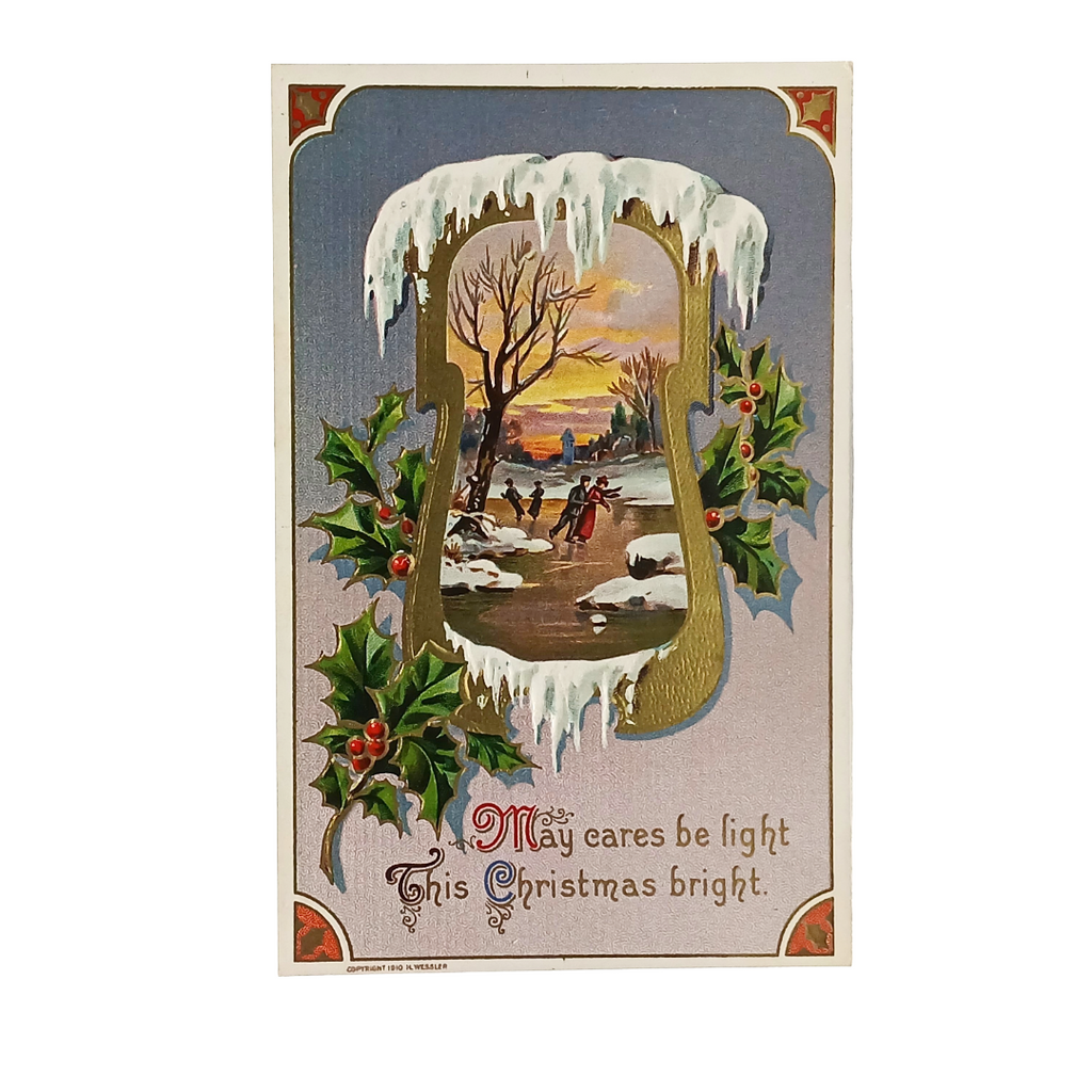 Christmas Postcard  Gold Embossed Landscape Skaters in Winter Snow