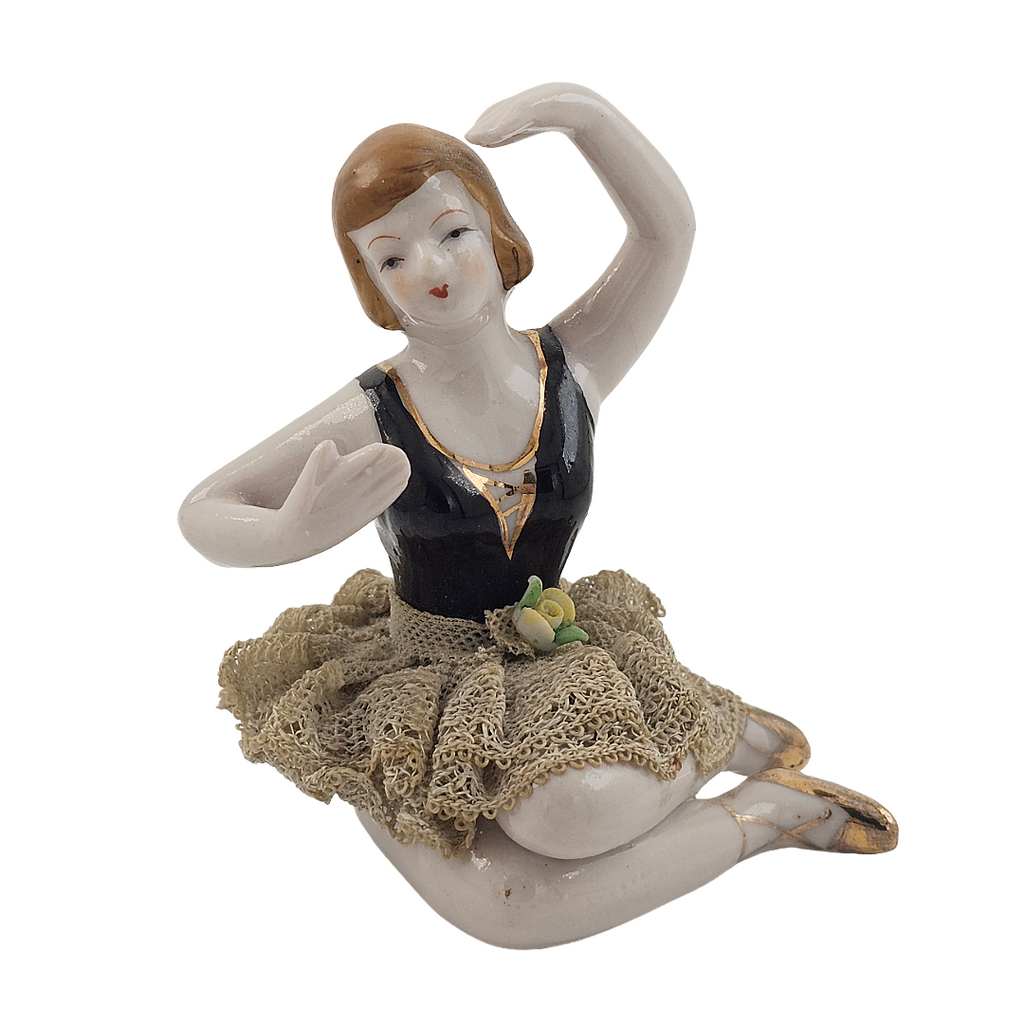 Porcelain Bisque Bathing Beauty Seated Ballerina Dresden Lace Skirt