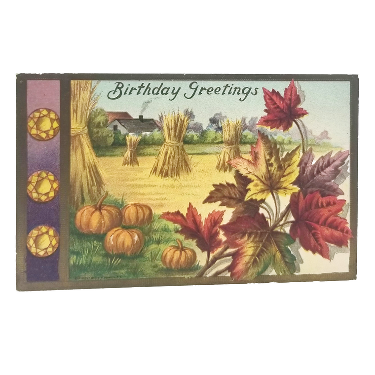 Birthday Postcard with Thanksgiving Theme Pumpkin Leaves Haystacks