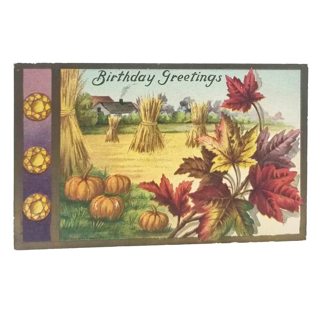 Birthday Postcard with Thanksgiving Theme Pumpkin Leaves Haystacks
