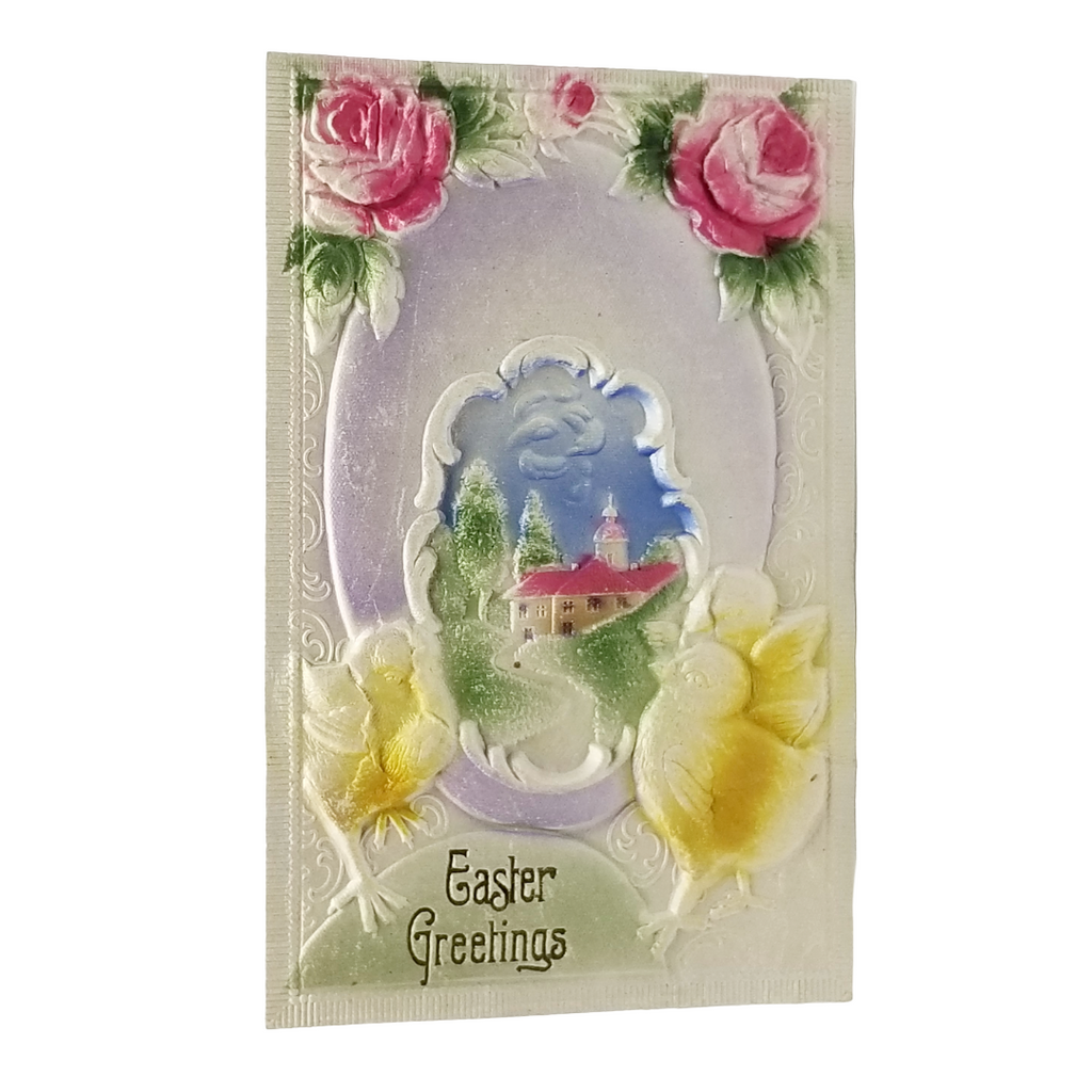Art Nouveau Easter Postcard Heavy Embossed Baby Chicks Egg Landscape