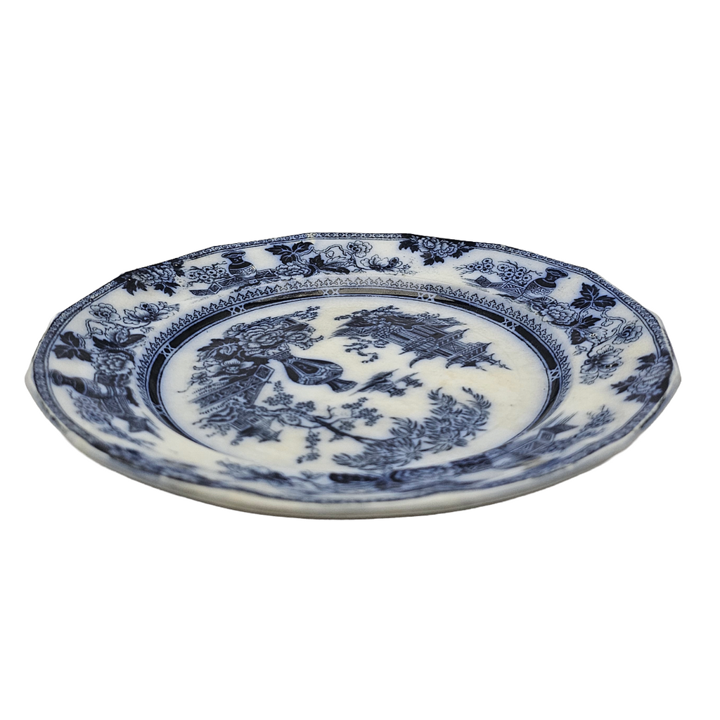 Antique English Flow Blue Ironstone Plate: W Adams & Sons Transferware, Oriental Chinoiserie Jeddo