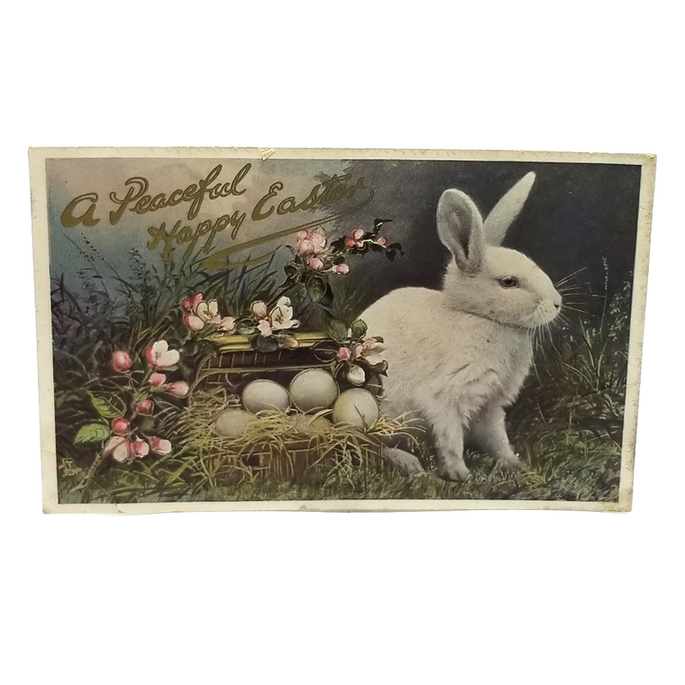 Easter Postcard White Rabbit Egg & Flower Basket Gel Finish Tuck Series 3646 GEM