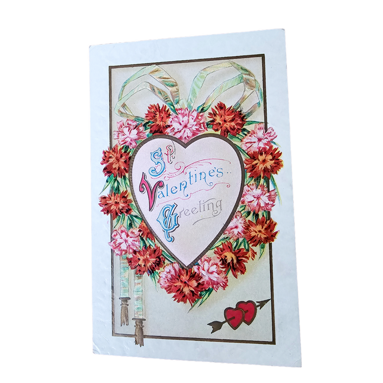 Valentine Postcard Silver Embossed Heart w/ Flowers
