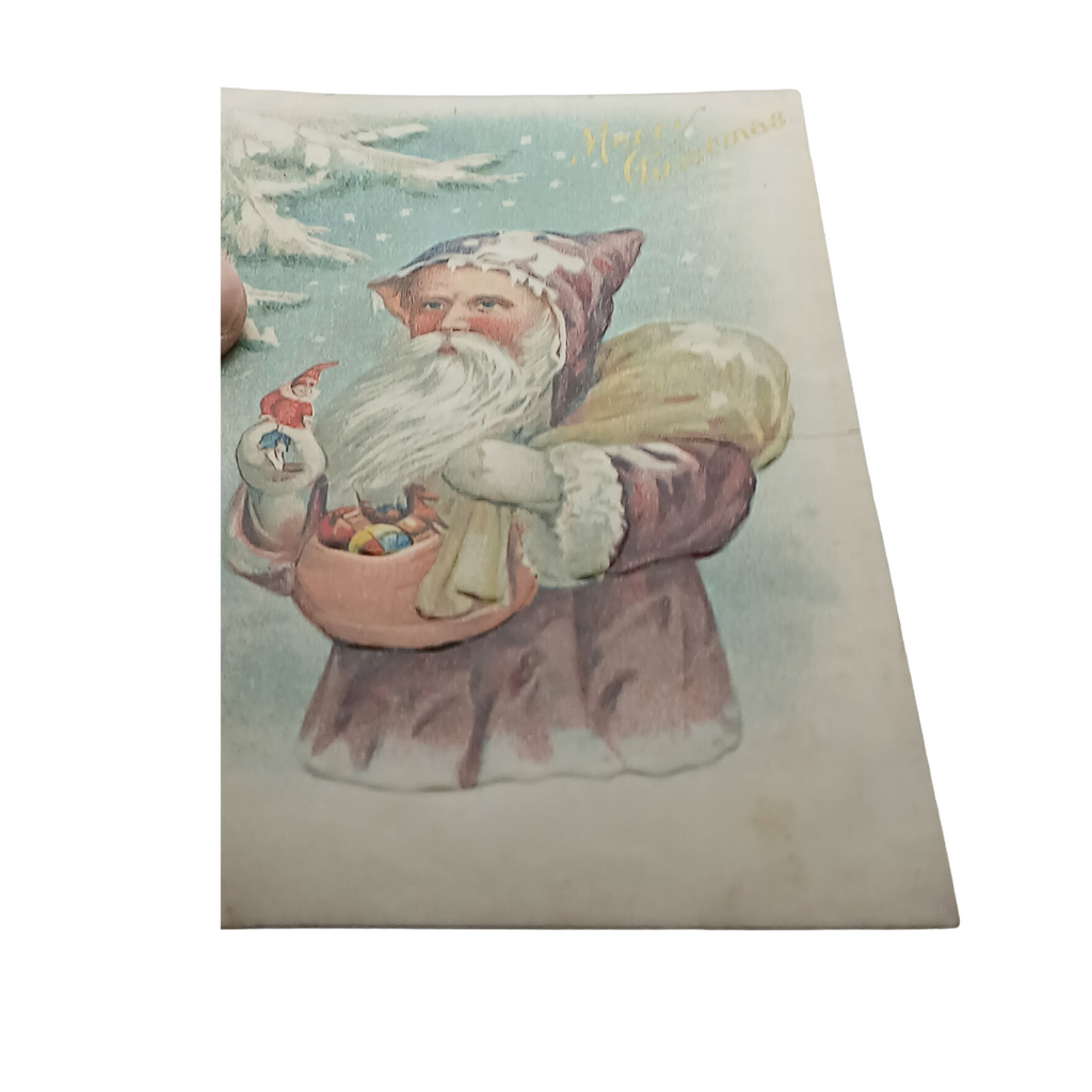 Christmas Postcard Old World Santa in Purple Robe Holding Jester Toy