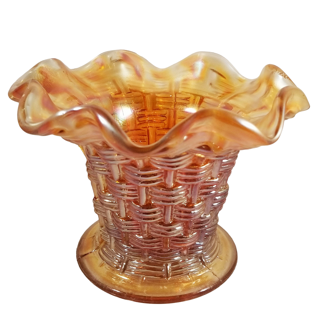 Antique Dugan Persian Garden Big Basketweave Marigold Carnival Glass Squat Vase Fruit Bowl Base