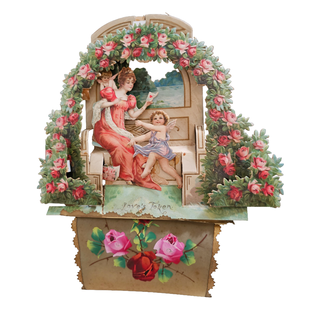 Large Antique 3D Die Cut Valentine Card Brundage Woman with Cupids on Garden Bench