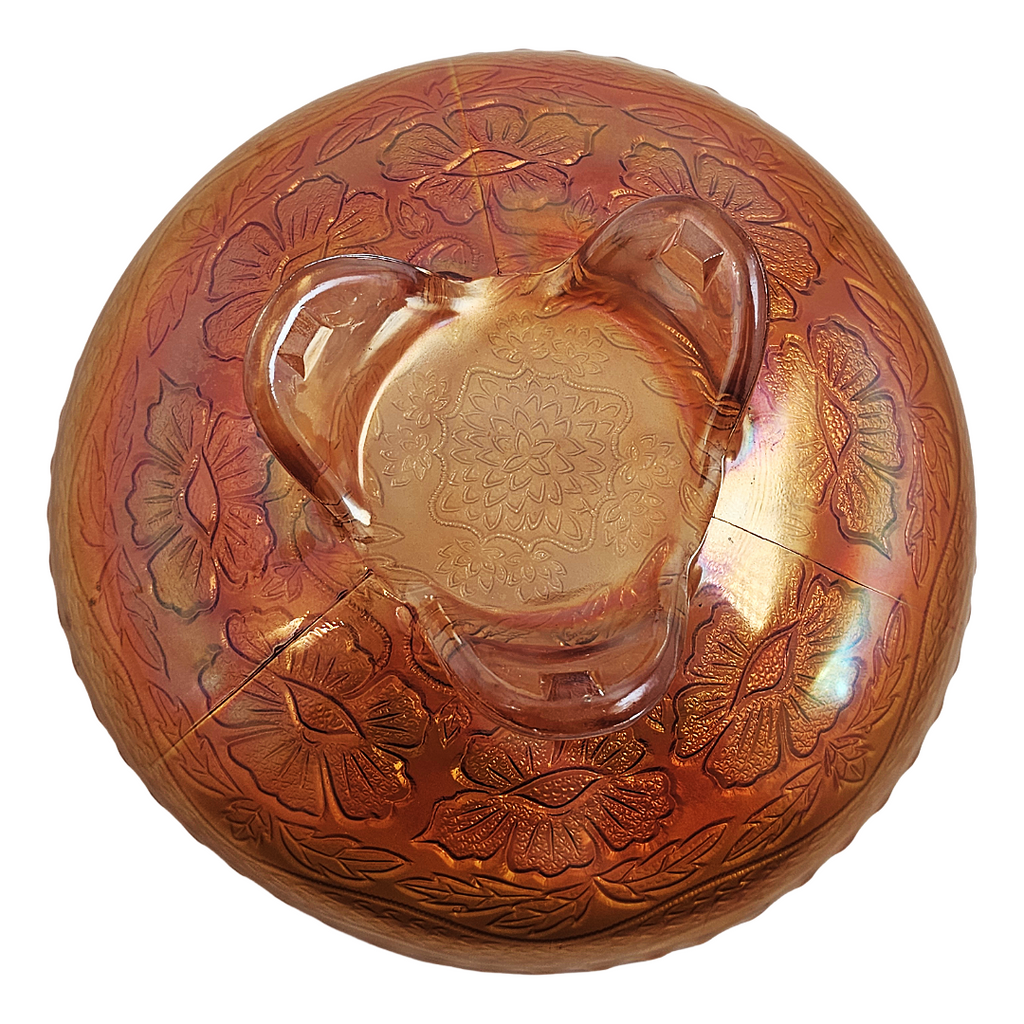 Fenton Marigold Carnival Glass Footed Bowl: Dogwood & Marsh Lily Pattern