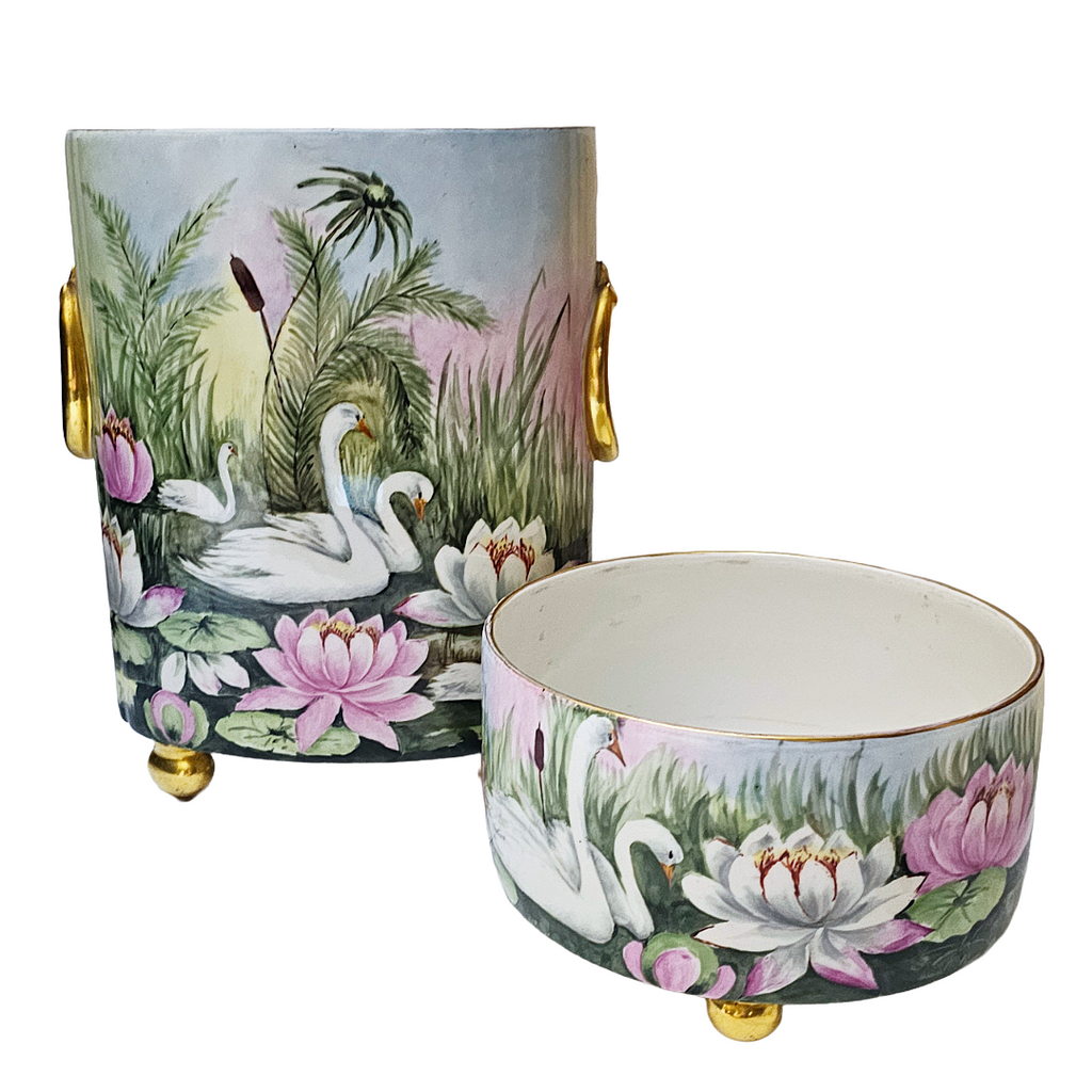Limoges French Porcelain Cachepot & Fernery Vase HP Swans and Waterlilies AS Hoffman
