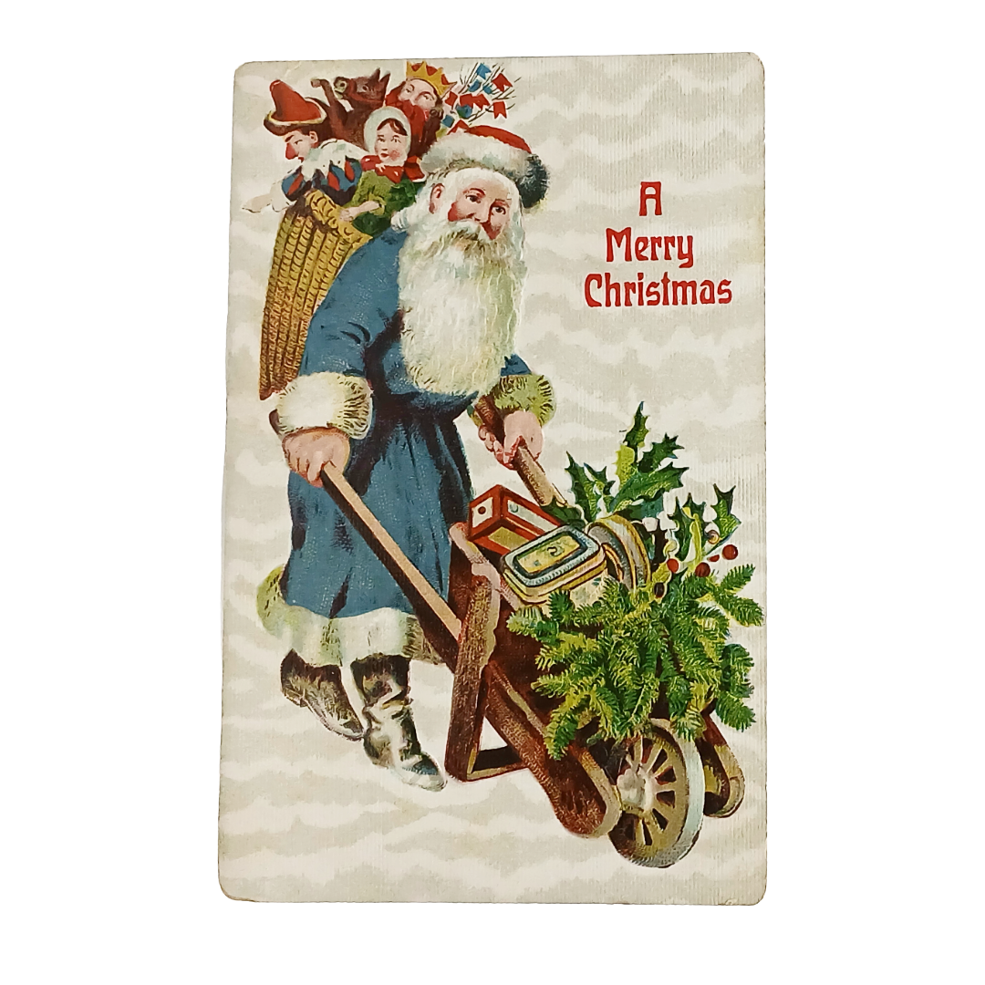 Christmas Postcard Santa Claus in Blue Robe Toy Bag Wheelbarrow w/ Tree