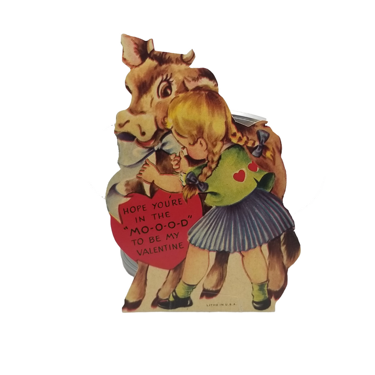 Vintage Valentine Die Cut Card Blonde Girl & Cow "Hope You're in the M.O.O.D"