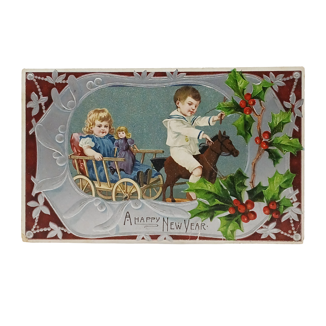 New Year's Postcard Silver Embossed Children in Rocking Horse Carriage