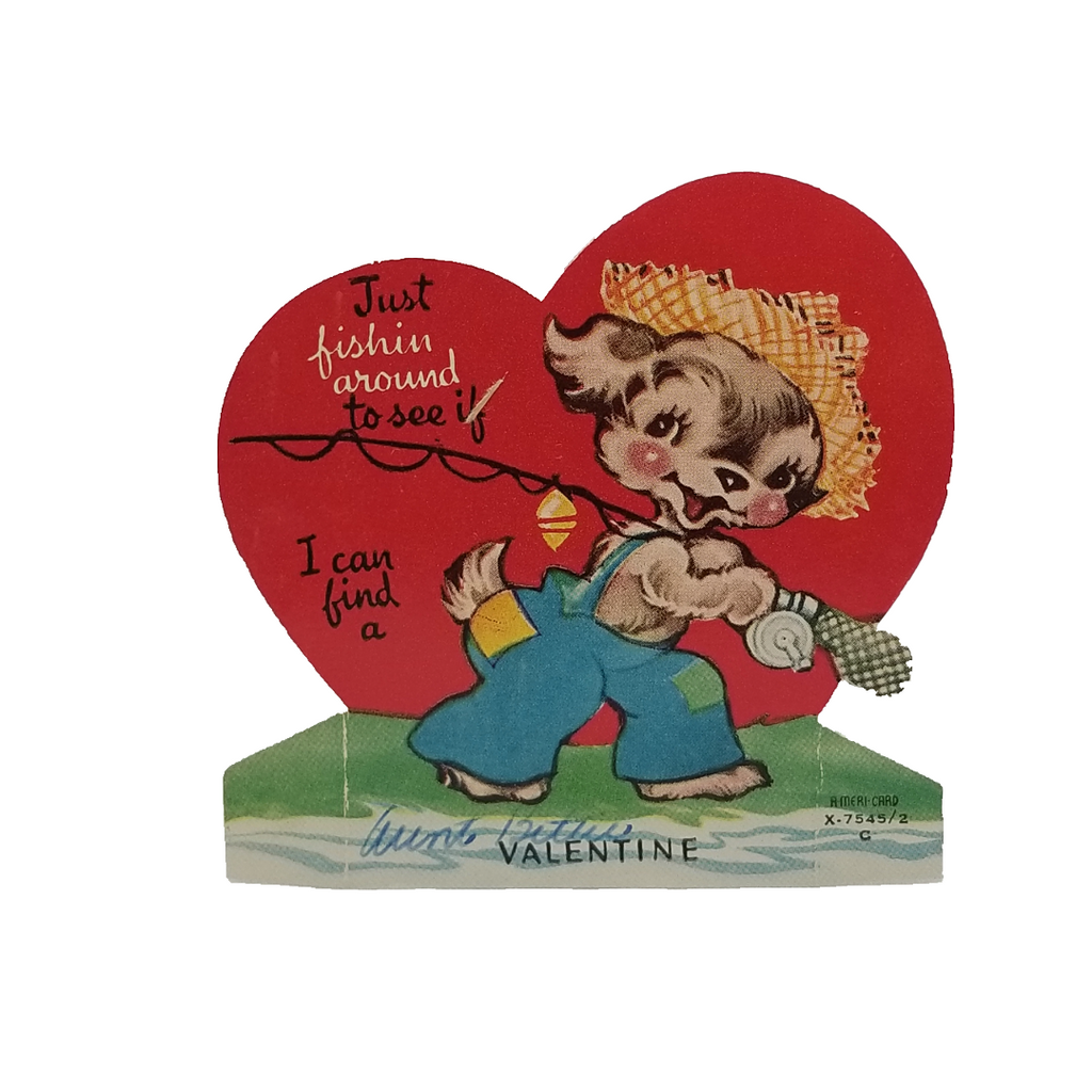 Vintage Valentine Die Cut Card Anthropomorphic Puppy Dog Fishing