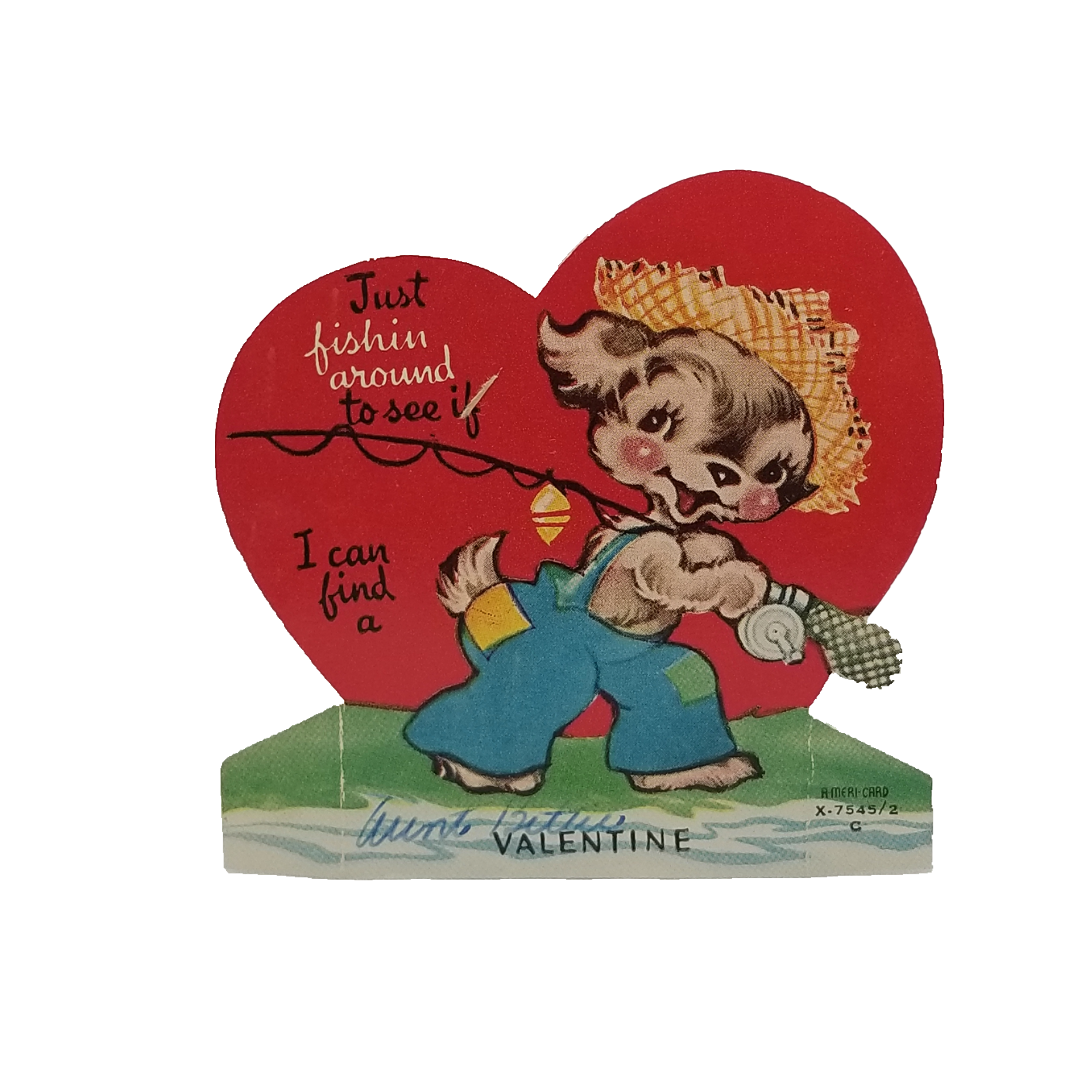 Vintage Valentine Die Cut Card Anthropomorphic Puppy Dog Fishing