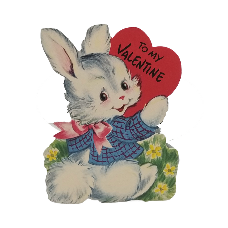 Vintage Valentine Die Cut Card Anthropomorphic Bunny Rabbit in Suit w/ Heart