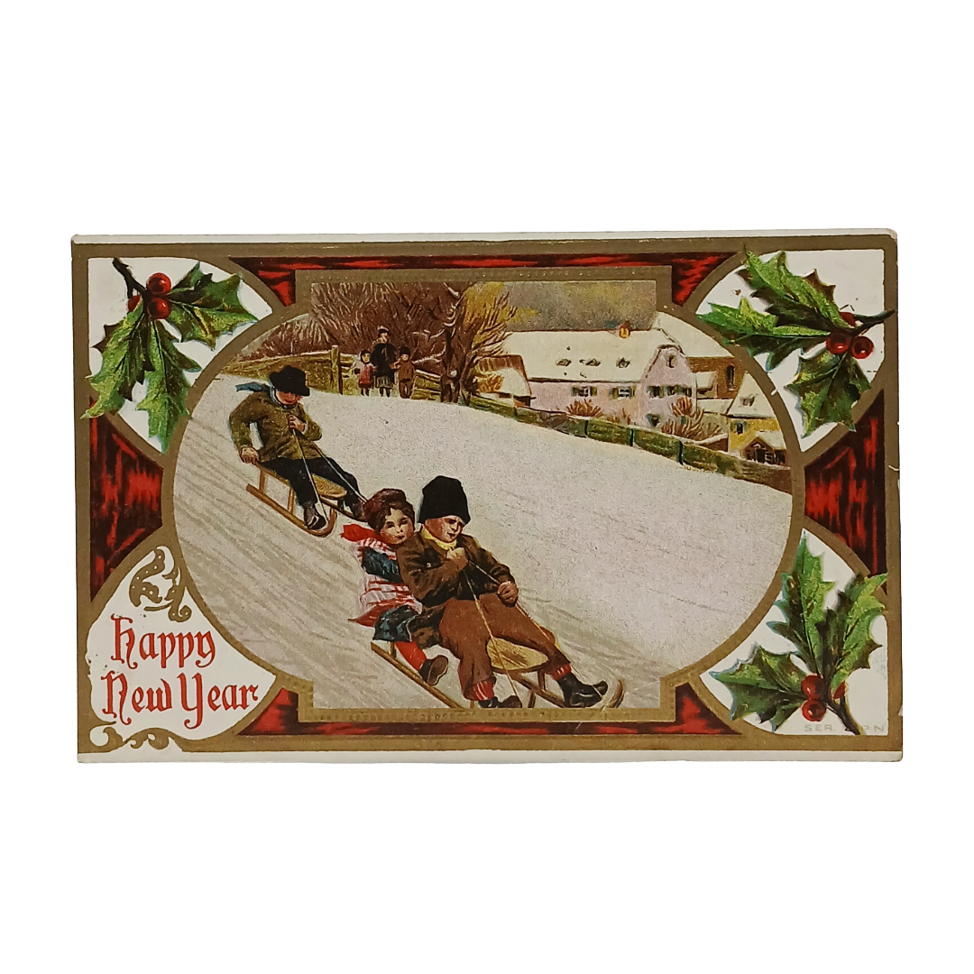 New Year's Postcard, Gold Embossed Card, Children Sledding, Holly Border