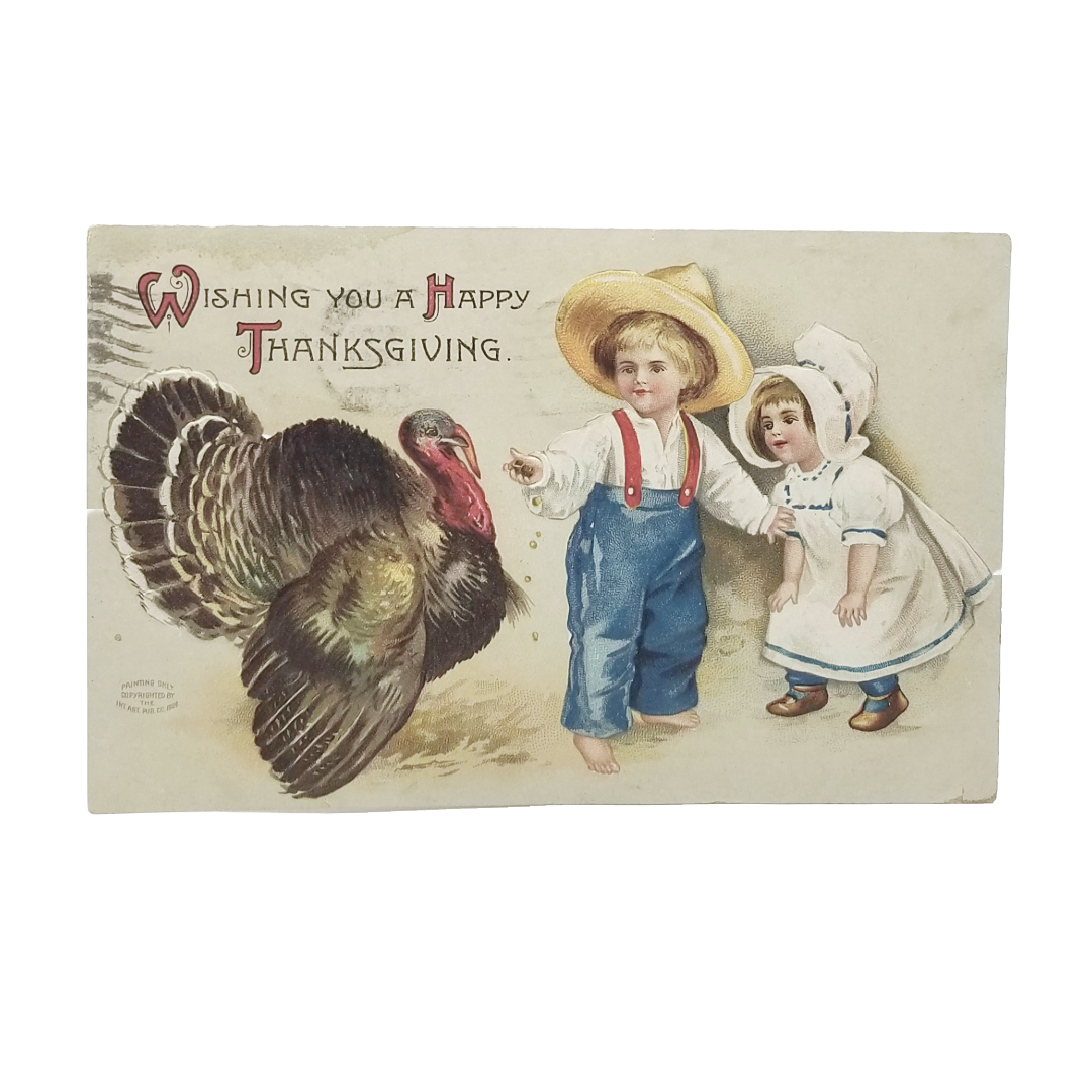 Thanksgiving Postcard Children Feeding Turkey Artist Clapsaddle 4440