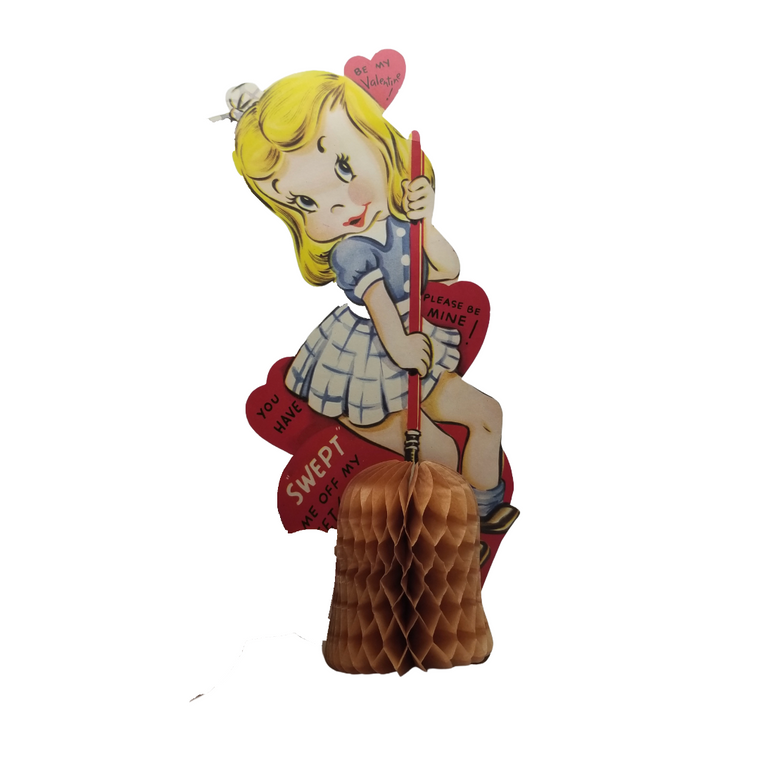 Die Cut Valentine's Card "Swept Off My Feet" Girl with Broom w/ Honeycomb