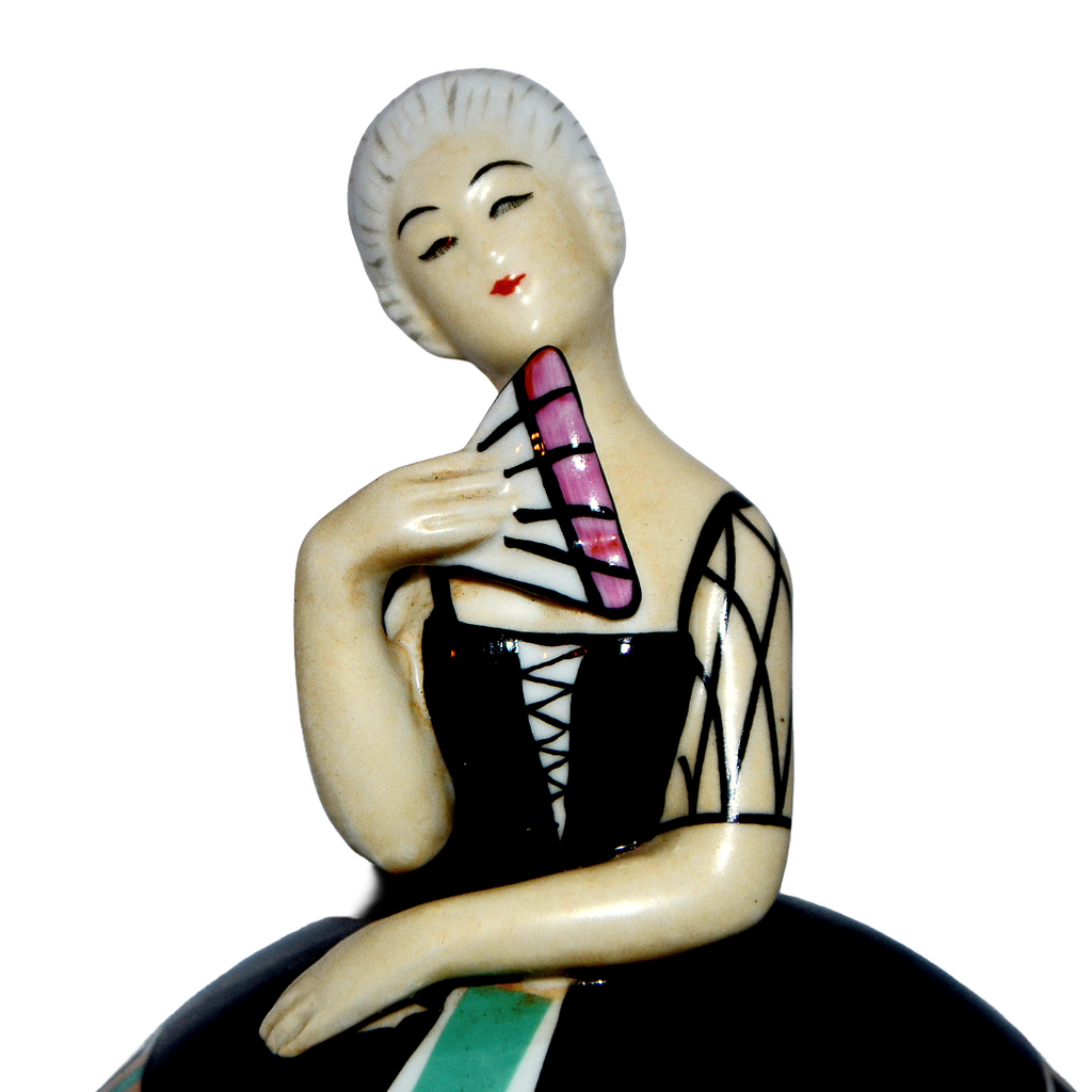 Robj French Art Deco Covered Jar Tobacco or Vanity Box Asian Lady w/ Fan