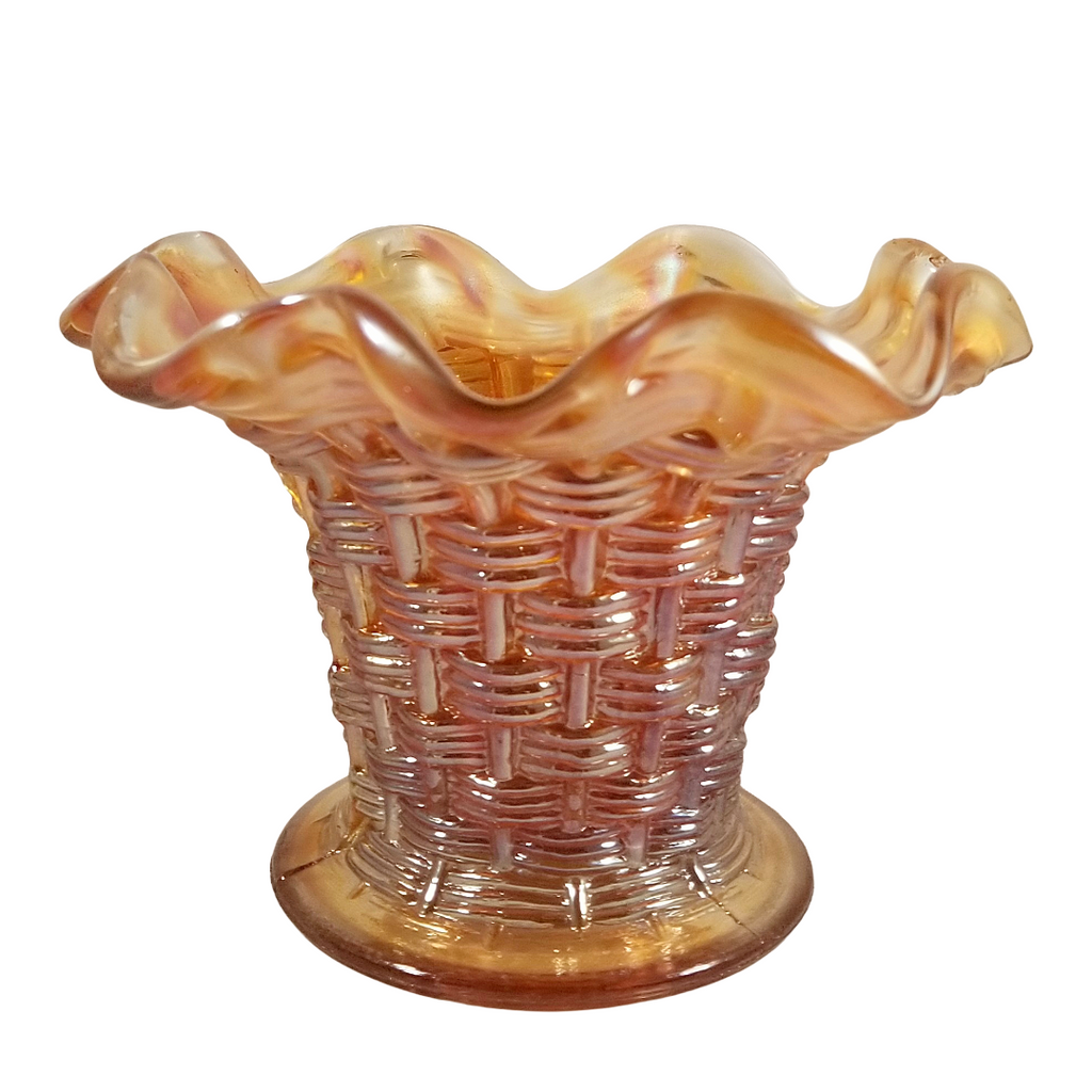 Antique Dugan Persian Garden Big Basketweave Marigold Carnival Glass Squat Vase Fruit Bowl Base