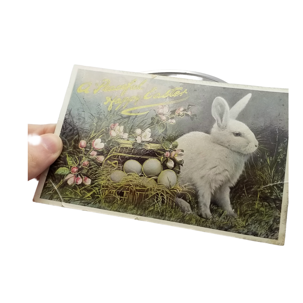 Easter Postcard White Rabbit Egg & Flower Basket Gel Finish Tuck Series 3646 GEM